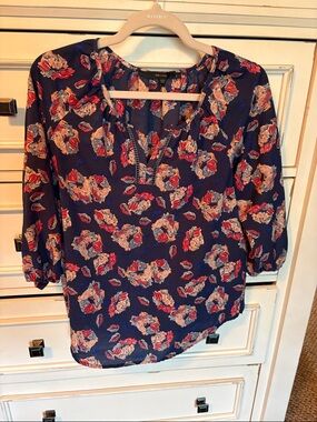 Navy Floral Split-Neck Blouse